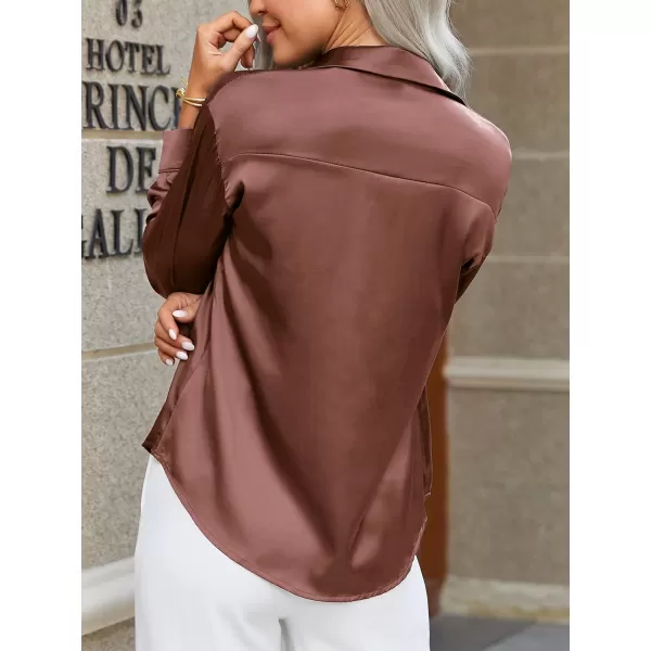 HOTOUCH Women Satin Silk Button Down Shirt Ladies Long Sleeve Tops V Neck Loose Blouse Dressy Business Casual Work Tunic FallBrown