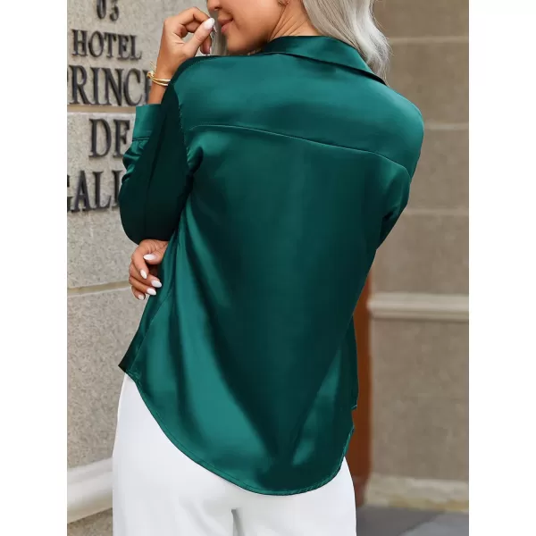 HOTOUCH Women Satin Silk Button Down Shirt Ladies Long Sleeve Tops V Neck Loose Blouse Dressy Business Casual Work Tunic FallDark Green