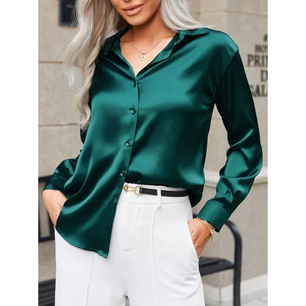 HOTOUCH Women Satin Silk Button Down Shirt Ladies Long Sleeve Tops V Neck Loose Blouse Dressy Business Casual Work Tunic FallDark Green