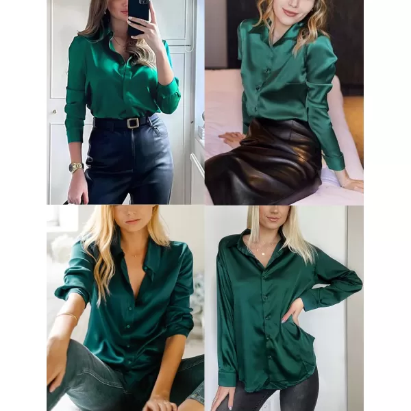 HOTOUCH Women Satin Silk Button Down Shirt Ladies Long Sleeve Tops V Neck Loose Blouse Dressy Business Casual Work Tunic FallDark Green