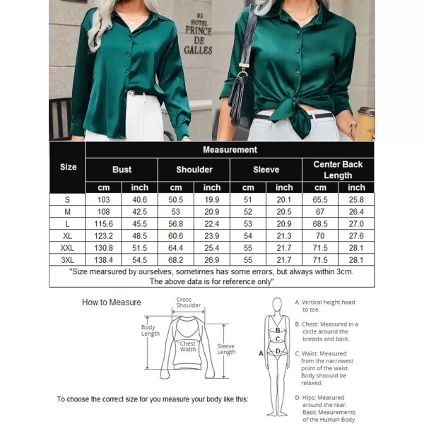 HOTOUCH Women Satin Silk Button Down Shirt Ladies Long Sleeve Tops V Neck Loose Blouse Dressy Business Casual Work Tunic FallDark Green