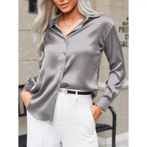 HOTOUCH Women Satin Silk Button Down Shirt Ladies Long Sleeve Tops V Neck Loose Blouse Dressy Business Casual Work Tunic FallGrey