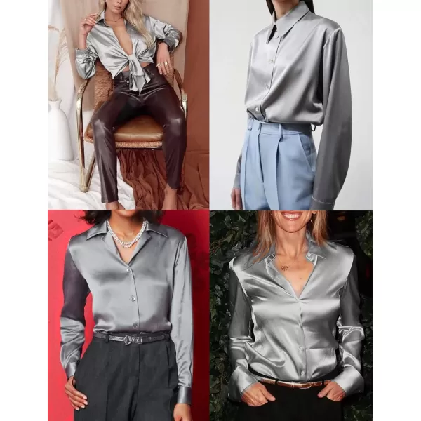 HOTOUCH Women Satin Silk Button Down Shirt Ladies Long Sleeve Tops V Neck Loose Blouse Dressy Business Casual Work Tunic FallGrey