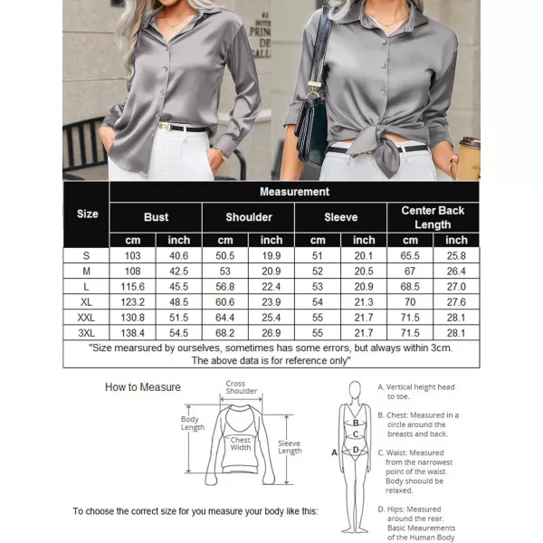 HOTOUCH Women Satin Silk Button Down Shirt Ladies Long Sleeve Tops V Neck Loose Blouse Dressy Business Casual Work Tunic FallGrey