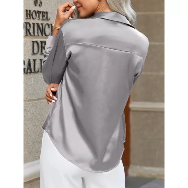 HOTOUCH Women Satin Silk Button Down Shirt Ladies Long Sleeve Tops V Neck Loose Blouse Dressy Business Casual Work Tunic FallGrey