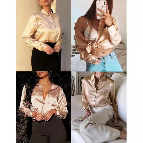 HOTOUCH Women Satin Silk Button Down Shirt Ladies Long Sleeve Tops V Neck Loose Blouse Dressy Business Casual Work Tunic FallKhaki