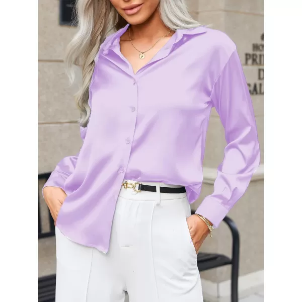 HOTOUCH Women Satin Silk Button Down Shirt Ladies Long Sleeve Tops V Neck Loose Blouse Dressy Business Casual Work Tunic FallLilac Purple