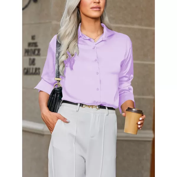 HOTOUCH Women Satin Silk Button Down Shirt Ladies Long Sleeve Tops V Neck Loose Blouse Dressy Business Casual Work Tunic FallLilac Purple