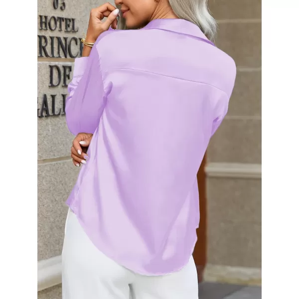 HOTOUCH Women Satin Silk Button Down Shirt Ladies Long Sleeve Tops V Neck Loose Blouse Dressy Business Casual Work Tunic FallLilac Purple