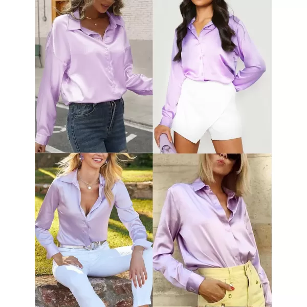 HOTOUCH Women Satin Silk Button Down Shirt Ladies Long Sleeve Tops V Neck Loose Blouse Dressy Business Casual Work Tunic FallLilac Purple