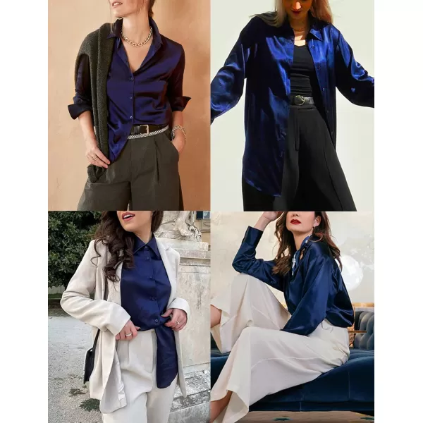 HOTOUCH Women Satin Silk Button Down Shirt Ladies Long Sleeve Tops V Neck Loose Blouse Dressy Business Casual Work Tunic FallNavy Blue