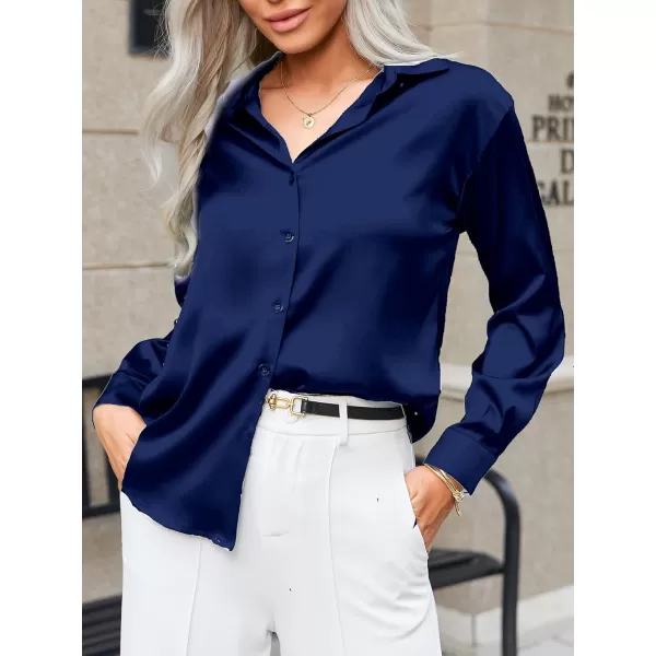 HOTOUCH Women Satin Silk Button Down Shirt Ladies Long Sleeve Tops V Neck Loose Blouse Dressy Business Casual Work Tunic FallNavy Blue