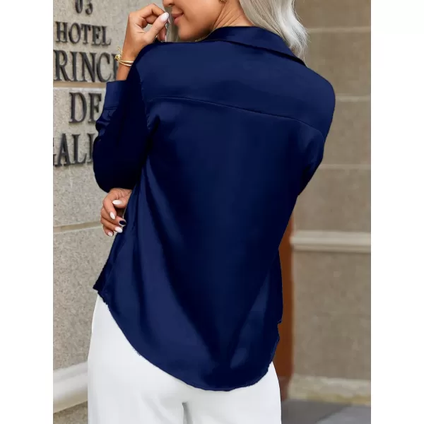 HOTOUCH Women Satin Silk Button Down Shirt Ladies Long Sleeve Tops V Neck Loose Blouse Dressy Business Casual Work Tunic FallNavy Blue