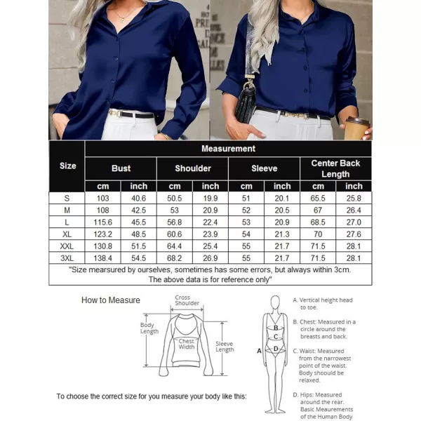 HOTOUCH Women Satin Silk Button Down Shirt Ladies Long Sleeve Tops V Neck Loose Blouse Dressy Business Casual Work Tunic FallNavy Blue