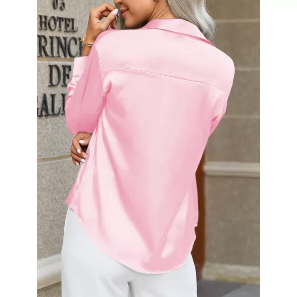 HOTOUCH Women Satin Silk Button Down Shirt Ladies Long Sleeve Tops V Neck Loose Blouse Dressy Business Casual Work Tunic FallPink