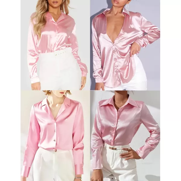 HOTOUCH Women Satin Silk Button Down Shirt Ladies Long Sleeve Tops V Neck Loose Blouse Dressy Business Casual Work Tunic FallPink