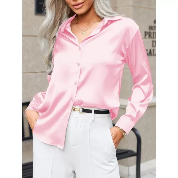 HOTOUCH Women Satin Silk Button Down Shirt Ladies Long Sleeve Tops V Neck Loose Blouse Dressy Business Casual Work Tunic FallPink