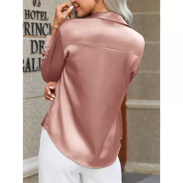 HOTOUCH Women Satin Silk Button Down Shirt Ladies Long Sleeve Tops V Neck Loose Blouse Dressy Business Casual Work Tunic FallRosy Pink