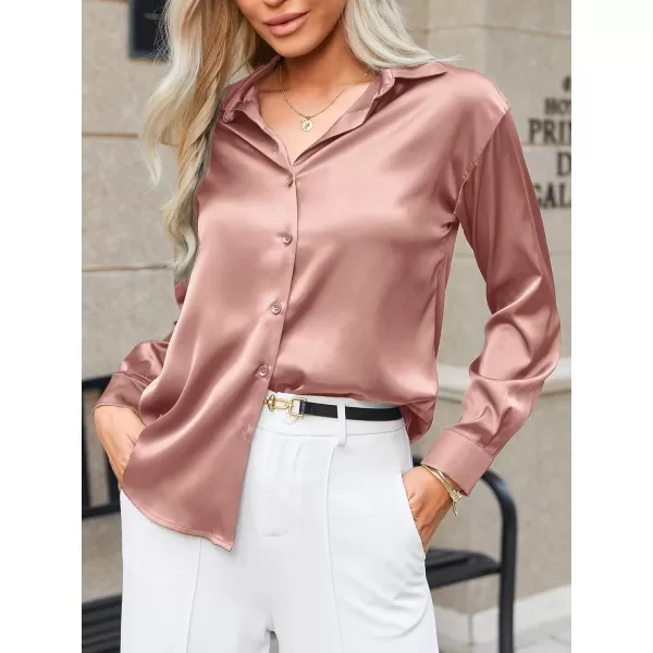 HOTOUCH Women Satin Silk Button Down Shirt Ladies Long Sleeve Tops V Neck Loose Blouse Dressy Business Casual Work Tunic FallRosy Pink