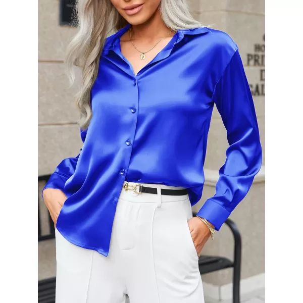 HOTOUCH Women Satin Silk Button Down Shirt Ladies Long Sleeve Tops V Neck Loose Blouse Dressy Business Casual Work Tunic FallRoyal Blue