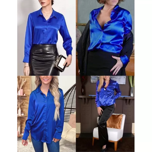 HOTOUCH Women Satin Silk Button Down Shirt Ladies Long Sleeve Tops V Neck Loose Blouse Dressy Business Casual Work Tunic FallRoyal Blue