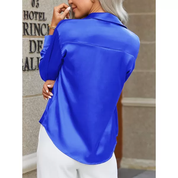 HOTOUCH Women Satin Silk Button Down Shirt Ladies Long Sleeve Tops V Neck Loose Blouse Dressy Business Casual Work Tunic FallRoyal Blue