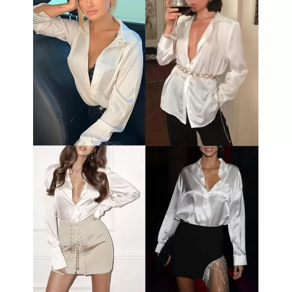 HOTOUCH Women Satin Silk Button Down Shirt Ladies Long Sleeve Tops V Neck Loose Blouse Dressy Business Casual Work Tunic FallWhite