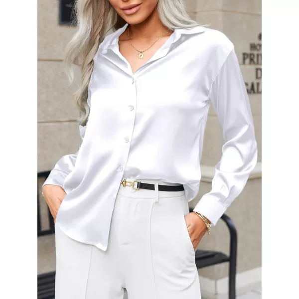 HOTOUCH Women Satin Silk Button Down Shirt Ladies Long Sleeve Tops V Neck Loose Blouse Dressy Business Casual Work Tunic FallWhite