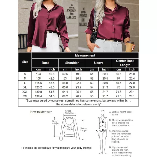 HOTOUCH Women Satin Silk Button Down Shirt Ladies Long Sleeve Tops V Neck Loose Blouse Dressy Business Casual Work Tunic FallWine Red