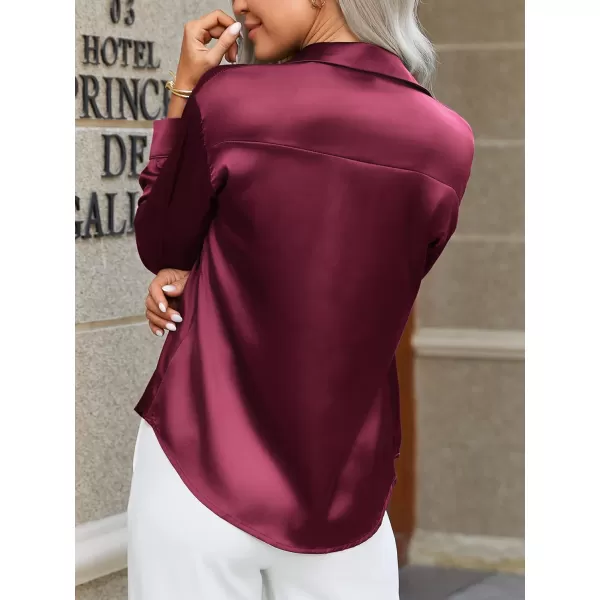 HOTOUCH Women Satin Silk Button Down Shirt Ladies Long Sleeve Tops V Neck Loose Blouse Dressy Business Casual Work Tunic FallWine Red