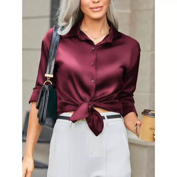 HOTOUCH Women Satin Silk Button Down Shirt Ladies Long Sleeve Tops V Neck Loose Blouse Dressy Business Casual Work Tunic FallWine Red