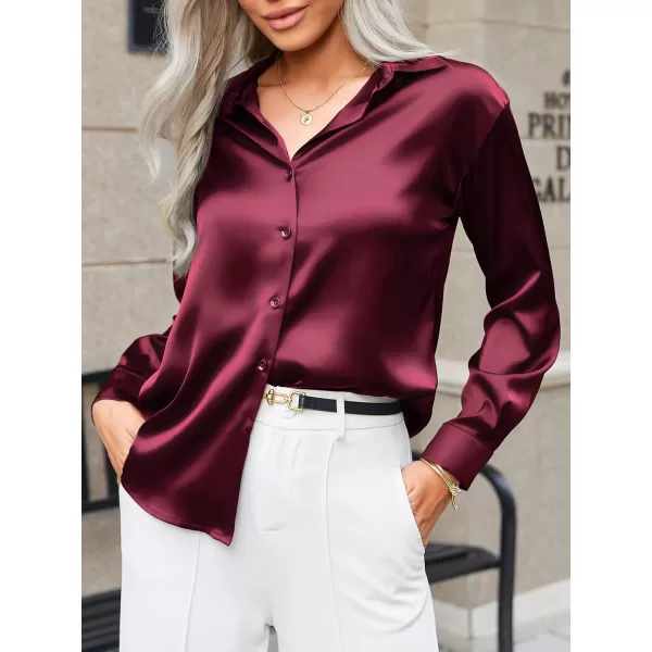 HOTOUCH Women Satin Silk Button Down Shirt Ladies Long Sleeve Tops V Neck Loose Blouse Dressy Business Casual Work Tunic FallWine Red