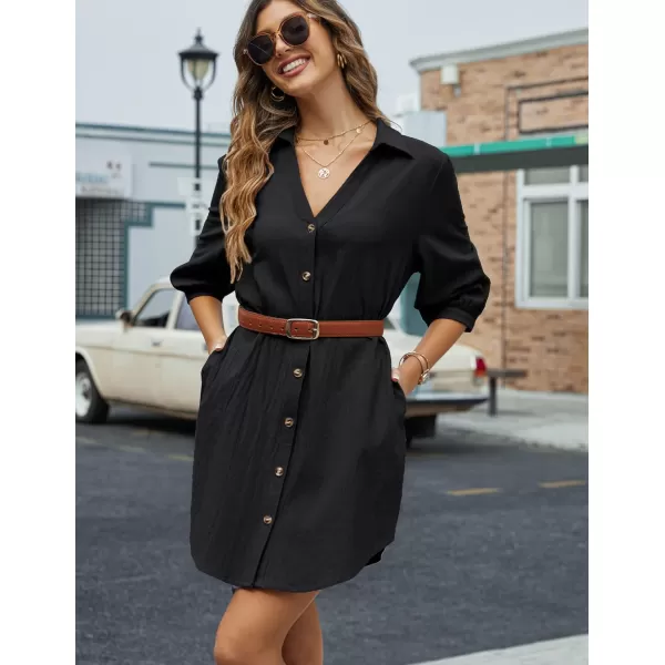 HOTOUCH Womens 34 Sleeve V Neck Button Down Shirt Dress Casual Cotton Linen Blouse Tops with Pocket34 Sleeveblack Pocket