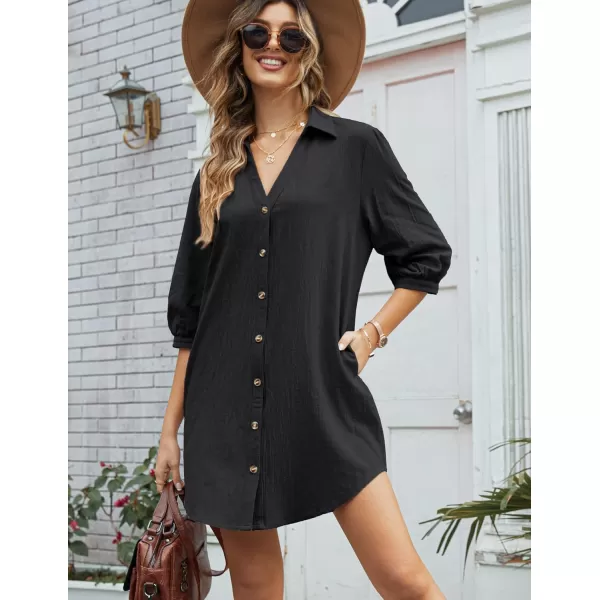 HOTOUCH Womens 34 Sleeve V Neck Button Down Shirt Dress Casual Cotton Linen Blouse Tops with Pocket34 Sleeveblack Pocket