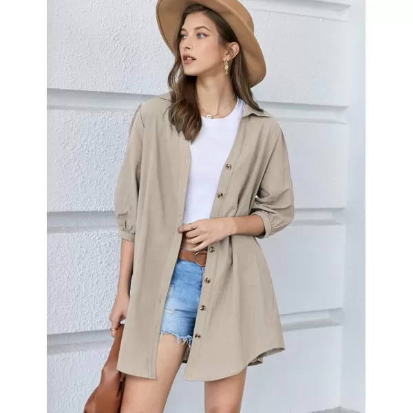 HOTOUCH Womens 34 Sleeve V Neck Button Down Shirt Dress Casual Cotton Linen Blouse Tops with Pocket34 Sleevekhaki Pocket