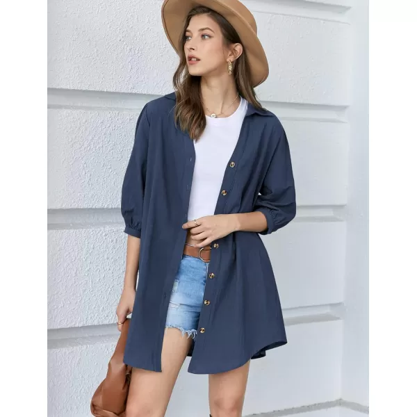 HOTOUCH Womens 34 Sleeve V Neck Button Down Shirt Dress Casual Cotton Linen Blouse Tops with Pocket34 Sleevenavy Blue Pocket