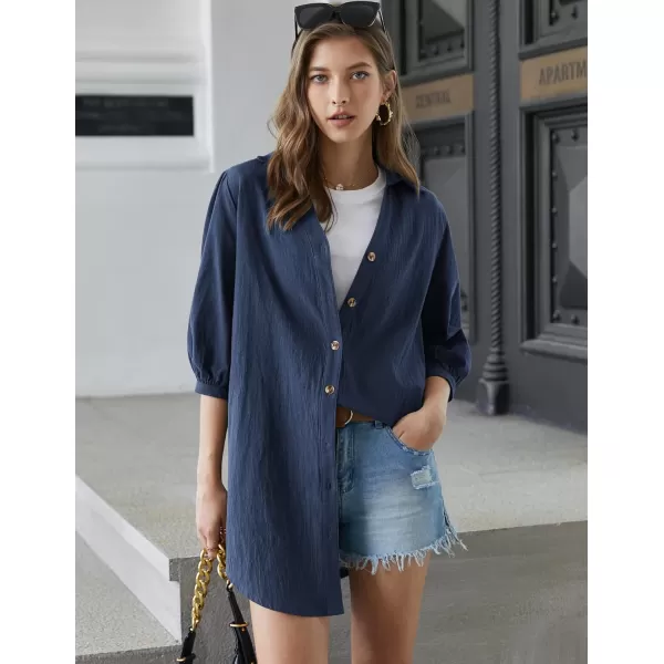 HOTOUCH Womens 34 Sleeve V Neck Button Down Shirt Dress Casual Cotton Linen Blouse Tops with Pocket34 Sleevenavy Blue Pocket