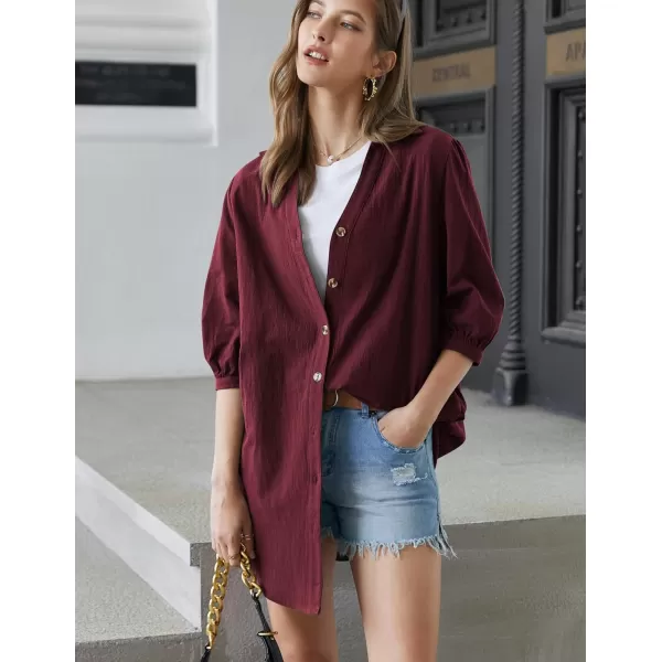 HOTOUCH Womens 34 Sleeve V Neck Button Down Shirt Dress Casual Cotton Linen Blouse Tops with Pocket34 Sleevewine Red Pocket