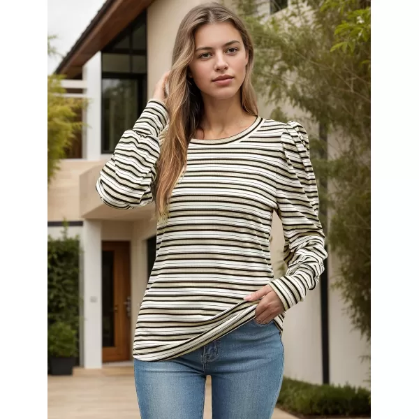 HOTOUCH Womens Knit Blouse Soft Puff Long Sleeve Shirt Tops Lightweight Round Neck Pullover Sweater SXXLApricot Stripes