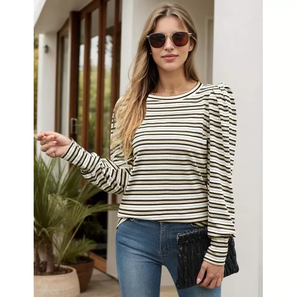 HOTOUCH Womens Knit Blouse Soft Puff Long Sleeve Shirt Tops Lightweight Round Neck Pullover Sweater SXXLApricot Stripes