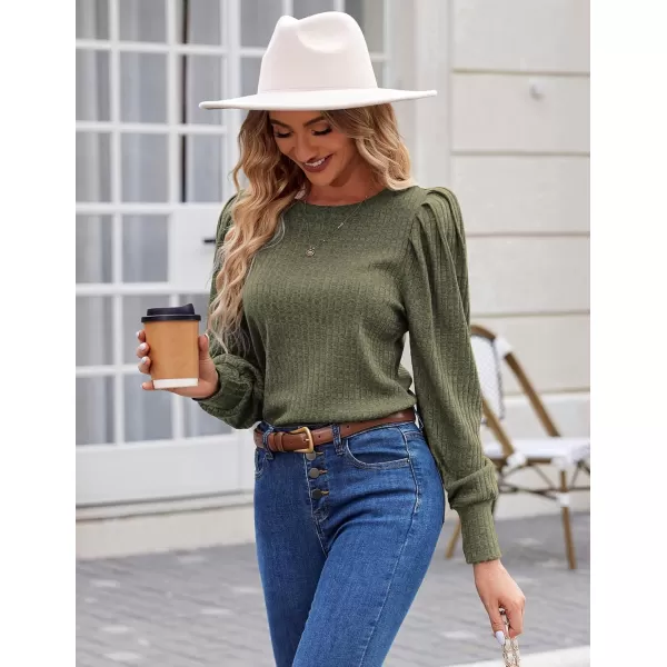 HOTOUCH Womens Knit Blouse Soft Puff Long Sleeve Shirt Tops Lightweight Round Neck Pullover Sweater SXXLArmy Green