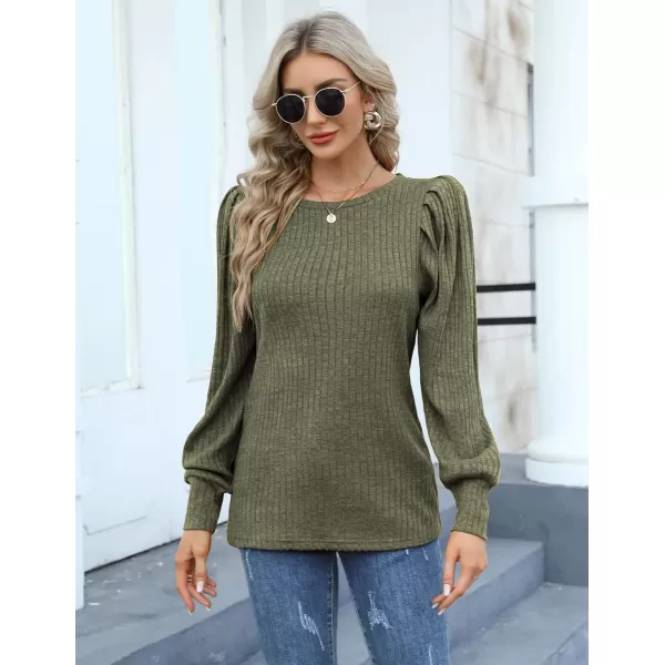 HOTOUCH Womens Knit Blouse Soft Puff Long Sleeve Shirt Tops Lightweight Round Neck Pullover Sweater SXXLArmy Green