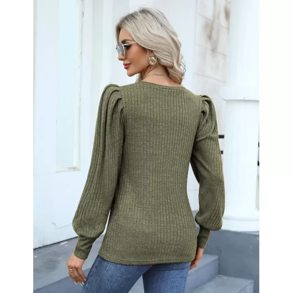 HOTOUCH Womens Knit Blouse Soft Puff Long Sleeve Shirt Tops Lightweight Round Neck Pullover Sweater SXXLArmy Green