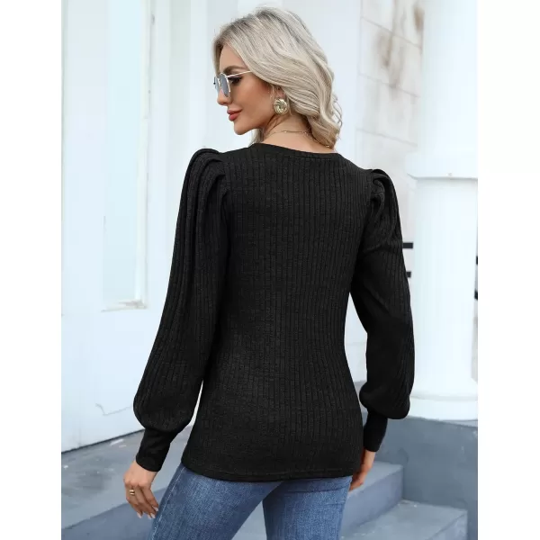 HOTOUCH Womens Knit Blouse Soft Puff Long Sleeve Shirt Tops Lightweight Round Neck Pullover Sweater SXXLBlack