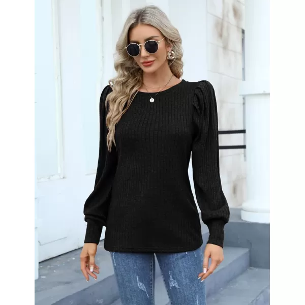 HOTOUCH Womens Knit Blouse Soft Puff Long Sleeve Shirt Tops Lightweight Round Neck Pullover Sweater SXXLBlack