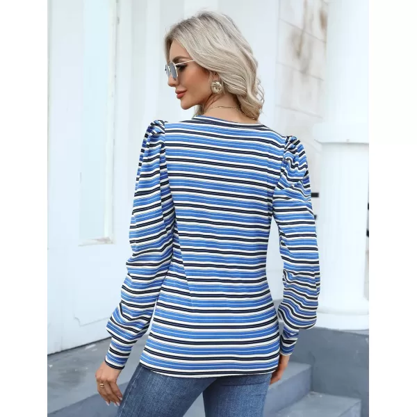 HOTOUCH Womens Knit Blouse Soft Puff Long Sleeve Shirt Tops Lightweight Round Neck Pullover Sweater SXXLBlue Stripes