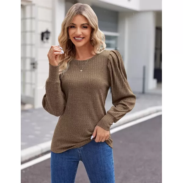 HOTOUCH Womens Knit Blouse Soft Puff Long Sleeve Shirt Tops Lightweight Round Neck Pullover Sweater SXXLBrown