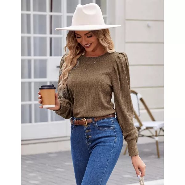 HOTOUCH Womens Knit Blouse Soft Puff Long Sleeve Shirt Tops Lightweight Round Neck Pullover Sweater SXXLBrown