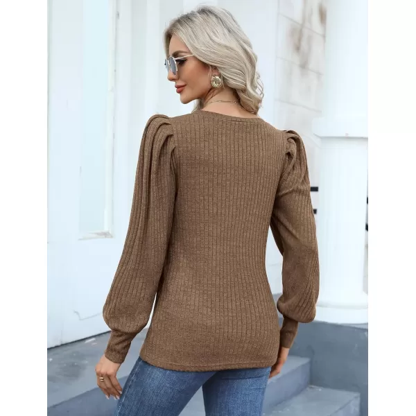 HOTOUCH Womens Knit Blouse Soft Puff Long Sleeve Shirt Tops Lightweight Round Neck Pullover Sweater SXXLBrown