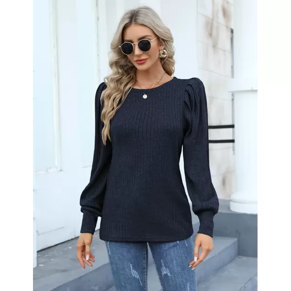 HOTOUCH Womens Knit Blouse Soft Puff Long Sleeve Shirt Tops Lightweight Round Neck Pullover Sweater SXXLDark Blue